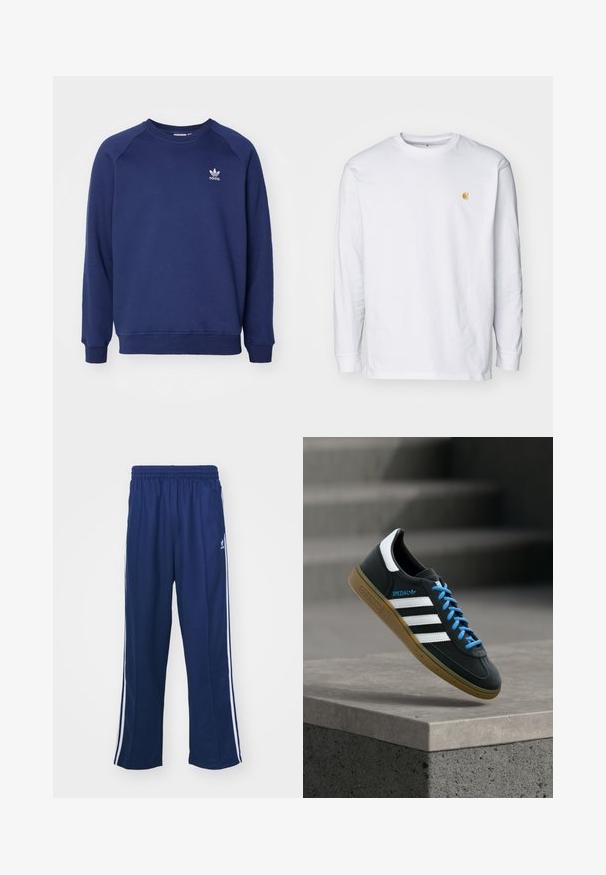 Sudadera de color azul marino hecha de tela suave, con cuello redondo, mangas raglán y un pequeño logo blanco de adidas en el pecho.; Camiseta de manga larga blanca de algodón. Cuenta con un pequeño logo dorado en el pecho y un cuello redondo. Diseño simple y corte estándar.; Pantalones deportivos en azul marino con un corte relajado, que presentan franjas laterales blancas y una cintura elástica. Tejido suave, sin patrones visibles ni herrajes.; Zapatilla negra Adidas con franjas blancas, cordones azules y suela de goma flotando sobre un escalón de hormigón gris con luz suave.