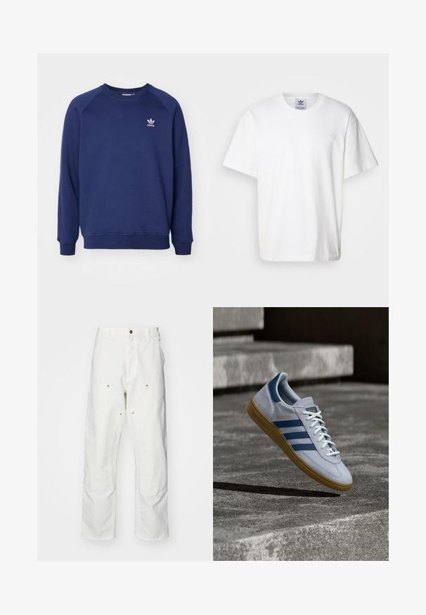 Sudadera de color azul marino hecha de tela suave, con cuello redondo, mangas raglán y un pequeño logo blanco de adidas en el pecho.; Camiseta de algodón blanca con cuello redondo y mangas cortas. Presenta un pequeño logotipo bordado en el pecho. Diseño simple y clásico.; Pantalones cargo de algodón blancos con un corte relajado. Las características incluyen bolsillos frontales, detalles en dorado y secciones de rodilla reforzadas.; Zapatilla Adidas Spezial azul claro con rayas azul marino y suela de goma, mostrada en el aire sobre escalones de hormigón en un entorno exterior neutral.