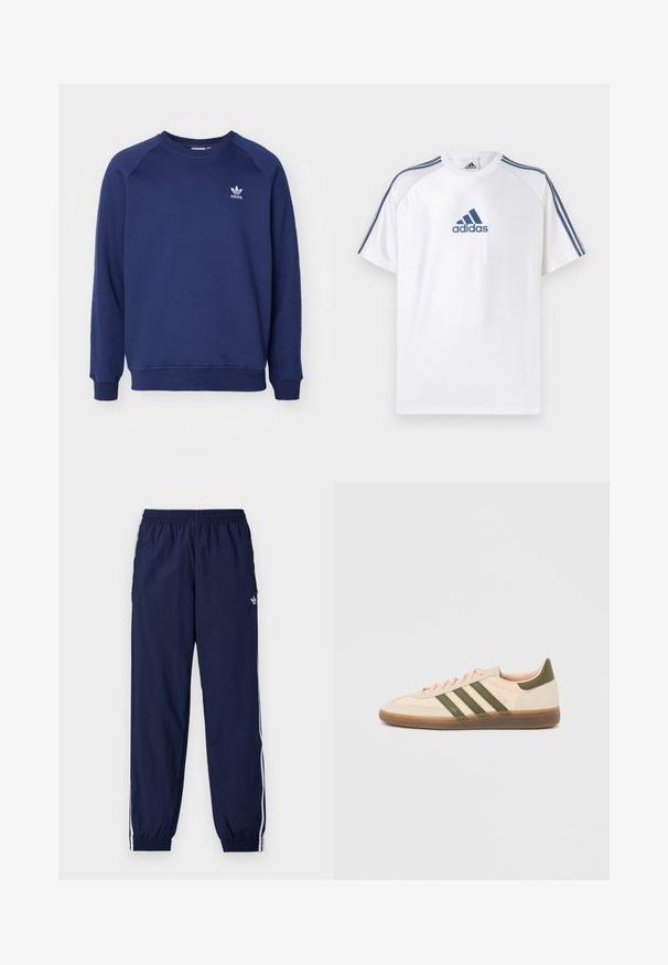 Marineblå sweatshirt lavet af blødt stof, med rund halsudskæring, raglanærmer og et lille hvidt adidas-logo på brystet.; Hvid Adidas T-shirt med blå accenter, korte ærmer og rund hals. Har Adidas-logoet i blå på fronten og tre striber på skuldrene.; Mørkeblå træningsbukser lavet af letvægtsstof med hvide striber på siderne, elastisk taljebånd og lille logo.; Beige Adidas Spezial sneaker med lav profil, grønne striber, gummisål og "SPEZIAL"-branding på siden, vist fra ydersiden.