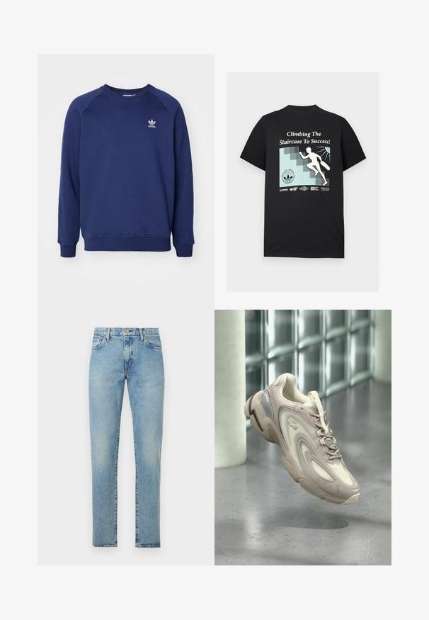 Tumesinine dressipluus pehmest kangast, millel on ümmargune kaelus, raglanvarrukad ja väike valge adidas logo rinnal.; Must T-särk graafikaga inimesest, kes ronib trepist üles, hoides rulaplaati, ja tekstiga „Climbing The Staircase To Success!”; Hele sinised sirge lõikega teksapüksid ees nööpidega, vööaasade ja taskutega, esitatud valgel taustal lamades.; Helebeežid kerged tossud, millel on sujuv disain, tekstuursete detailidega pealiskihid, pehme tallaga ja poolläbipaistva küljeosaga.