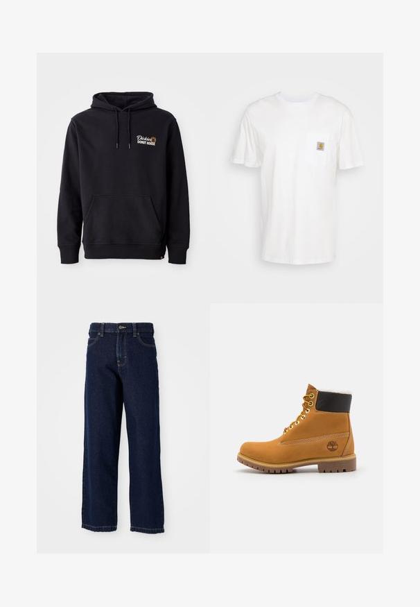 Sudadera negra de tejido de mezcla de algodón, con un bolsillo frontal, puños acanalados y un logo bordado en el lado izquierdo del pecho.; Camiseta de algodón blanca con mangas cortas, un bolsillo en el pecho y un pequeño parche cuadrado de logo en naranja y blanco en el bolsillo.; Jeans de pierna ancha de color azul oscuro, hechos de denim, con corte recto, diseño de cinco bolsillos y costuras de acabado a lo largo del dobladillo.; Botín de cuero marrón con ojales de metal, forro de piel sintética blanca, cuello acolchado negro, suela resistente y logotipo en relieve en el costado.