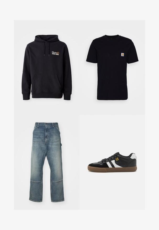 Sudadera negra de tejido de mezcla de algodón, con un bolsillo frontal, puños acanalados y un logo bordado en el lado izquierdo del pecho.; Camiseta de algodón negra con mangas cortas, cuello redondo y un bolsillo en el pecho que presenta un pequeño parche de logo cuadrado. Diseño simple y sólido.; Vaqueros de mezclilla de color azul claro con un corte relajado. Presentan piernas anchas, grandes bolsillos frontales y detalles de costura en contraste.; Zapatillas en blanco y negro con parte superior de ante y cuero, que presentan franjas blancas, cordones negros y una suela de goma marrón. Acentos de logo dorados.