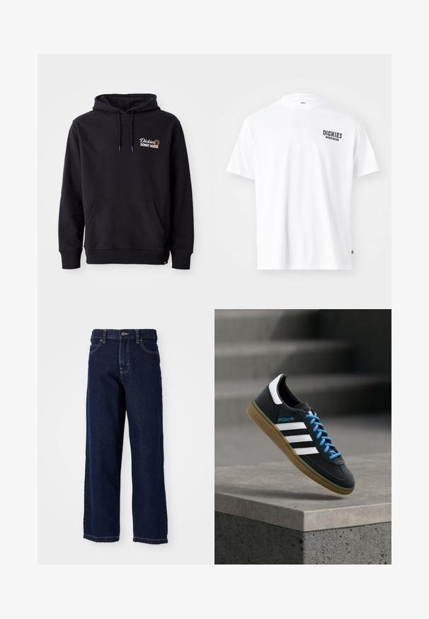 Schwarzer Hoodie aus Baumwollmischgewebe mit einer Vorderas pocket, gerippten Bündchen und einem gestickten Logo auf der linken Brust.; Weißes Baumwoll-T-Shirt mit rundem Ausschnitt, kurzen Ärmeln und einem kleinen schwarzen "Dickies Workwear"-Logo auf der linken Brust. Glatte Textur, normale Passform.; Dunkelblaue Jeans mit weitem Bein aus Denim, gerader Schnitt, Fünf-Taschen-Design und Abschlussnähten entlang des Saums.; Schwarzer Adidas-Sneaker mit weißen Streifen, blauen Schnürsenkeln und Gummisohle, der über einer grauen Betontreppe im weichen Licht schwebt.