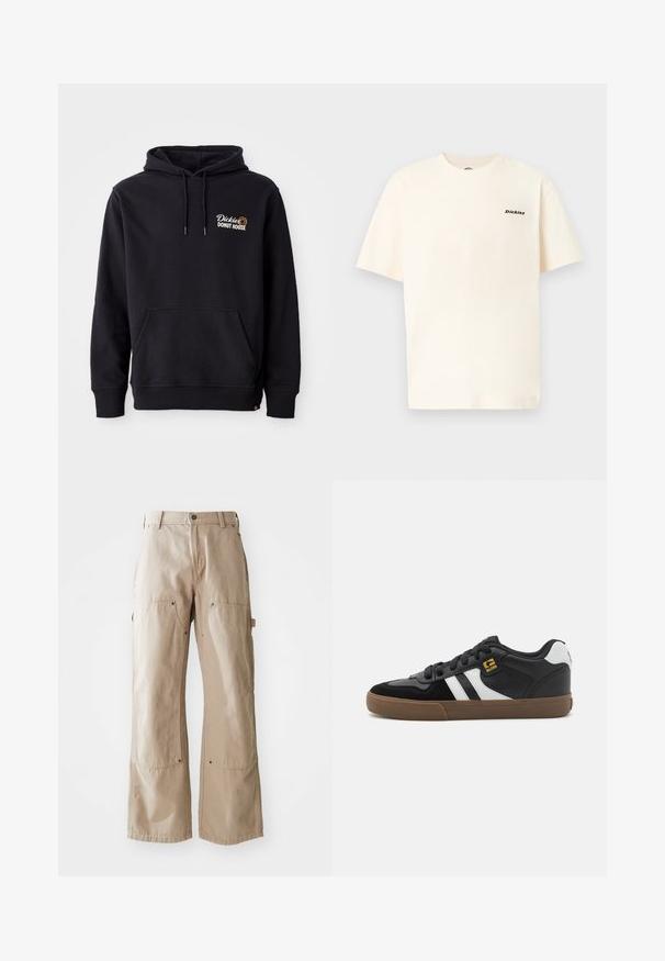 Sudadera negra de tejido de mezcla de algodón, con un bolsillo frontal, puños acanalados y un logo bordado en el lado izquierdo del pecho.; Camiseta de algodón color crema con mangas cortas, que presenta un pequeño logo negro de "Dickies" en el área del pecho izquierdo. Corte sencillo y relajado.; Pantalones de pierna ancha beige, confeccionados en un resistente tejido de algodón. Cuenta con bolsillos delanteros y laterales, costuras visibles y acentos de metal en los bolsillos.; Zapatillas en blanco y negro con parte superior de ante y cuero, que presentan franjas blancas, cordones negros y una suela de goma marrón. Acentos de logo dorados.