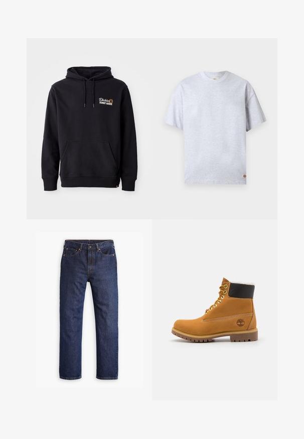 Zwarte hoodie van een katoenmix, met een voorzak, ribbelkanten manchetten en een geborduurd logo op de linkerborst.; Effen lichtgrijs T-shirt met korte mouwen en ronde hals, met een klein rechthoekig logolabel onderaan de rechter zoom.; Donkerblauwe straight-leg denim jeans met een voorste knoop, ritsopening, vijf zakken en koperen klinknageldetails.; Bruine leren enkellaars met metalen oogjes, witte faux bont voering, zwarte gewatteerde kraag, robuuste zool en een reliëflogo aan de zijkant.