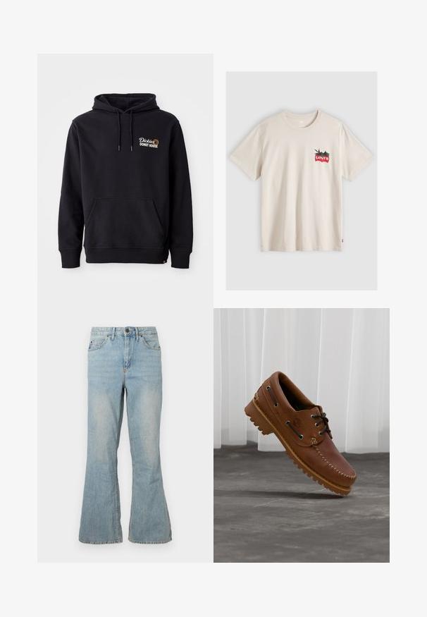 Schwarzer Hoodie aus Baumwollmischgewebe mit einer Vorderas pocket, gerippten Bündchen und einem gestickten Logo auf der linken Brust.; Beiges T-Shirt mit kurzen Ärmeln, kleinem rotem Levi's-Logo und grünem Blätterdesign auf der linken Brust.; Helleblaue, ausgestellte Jeans aus Denim mit mittelhohem Bund, fünf Taschen und sichtbaren Nähten. Sie zeichnet sich durch eine glatte Textur und einen regulären Reißverschluss aus.; Brauner Leder-Bootsschuh mit schwarzen Schnürsenkeln, beigen Nähten und einer robusten Sohle, schwebt über einem grauen Betonboden.