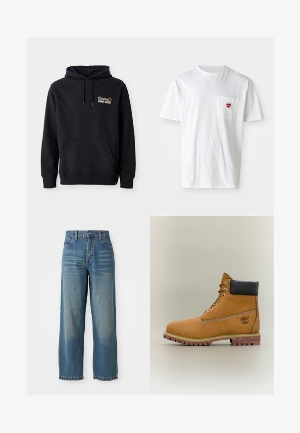 Sudadera negra de tejido de mezcla de algodón, con un bolsillo frontal, puños acanalados y un logo bordado en el lado izquierdo del pecho.; Camiseta de algodón blanca con escote redondo y mangas cortas. Presenta un pequeño logo de corazón rojo en el bolsillo izquierdo del pecho.; Jeans de mezclilla ancha de color azul claro con una cintura alta, cinco bolsillos y un acabado ligeramente desgastado. Cuenta con un cierre de botón y cremallera.; Bota de tobillo de cuero marrón con cuello negro, cordones amarillos y suela beige. Presenta un logotipo y detalles de costura blanca. Suela exterior con tracción robusta.