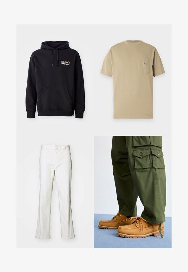 Zwarte hoodie van een katoenmix, met een voorzak, ribbelkanten manchetten en een geborduurd logo op de linkerborst.; Beige T-shirt met korte mouwen van katoen, voorzien van een borstzakje aan de linkerkant met een logo patch. Klassieke ronde hals en een normale pasvorm.; Witte katoenen broek met een rechte pasvorm, voorzien van een tailleband en standaardzakken. De stof lijkt glad en heeft een lichte structuur.; Timberland AUTHENTIC 3 EYE - Bootschoenen - wheat