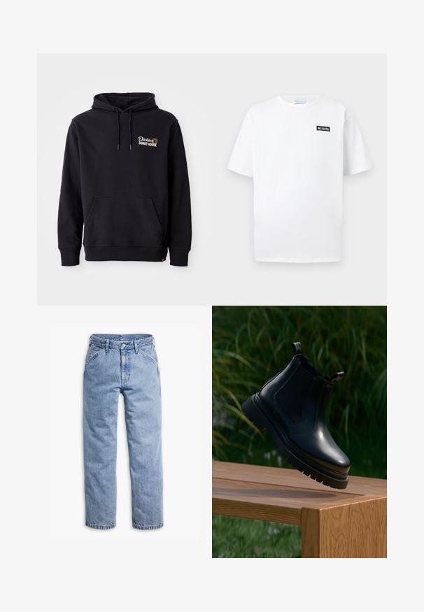 Schwarzer Hoodie aus Baumwollmischgewebe mit einer Vorderas pocket, gerippten Bündchen und einem gestickten Logo auf der linken Brust.; Weißes T-Shirt mit kurzen Ärmeln und Rundhalsausschnitt, mit kleinem schwarzem rechteckigem Columbia-Logo auf der linken Brust.; Hellblaue gerade geschnittene Jeans mit vorderem Knopf- und Reißverschluss, Gürtelschlaufen und schrägen Vordertaschen.; Schwarze Leder-Chelsea-Stiefel mit abgerundetem Zehenbereich, dicker Gummisohle und seitlichen elastischen Einsätzen, auf einer Holzoberfläche mit grünem Hintergrund präsentiert.