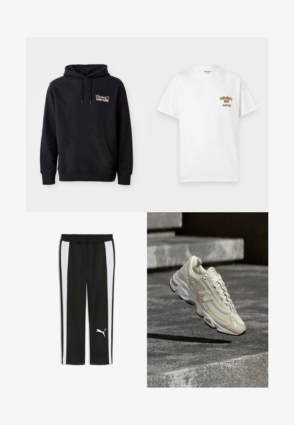 Zwarte hoodie van een katoenmix, met een voorzak, ribbelkanten manchetten en een geborduurd logo op de linkerborst.; Witte T-shirt met korte mouwen en ronde hals met bruine tekst "Carhartt WIP Coffee" op de linkerborst, maat medium, plat weergegeven op een lichte achtergrond.; Zwarte trainingsbroek met witte zijkstrepen, elastische tailleband, ritssluitingen aan de zijkanten en wit Puma-logo op het linkerbeen.; Beige en witte New Balance sneaker met mesh- en lederen details, zwevend boven betonnen traptreden met een scherpe schaduw.