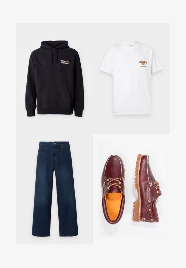Zwarte hoodie van een katoenmix, met een voorzak, ribbelkanten manchetten en een geborduurd logo op de linkerborst.; Witte T-shirt met korte mouwen en ronde hals met bruine tekst "Carhartt WIP Coffee" op de linkerborst, maat medium, plat weergegeven op een lichte achtergrond.; Donkerblauwe wijde denim jeans met knoop- en ritssluiting aan de voorkant, voor- en achterzakken, getoond tegen een witte achtergrond.; Bordeaux leren schoenen met bruine rubberen zolen, ronde neus, witte stiksels en gouden veterogen. Het interieur heeft een gele voering.