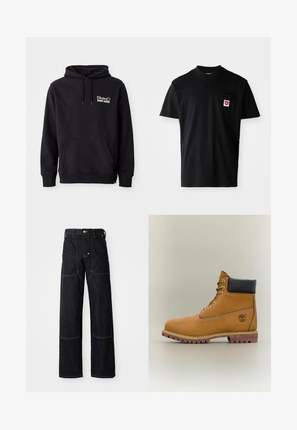 Schwarzer Hoodie aus Baumwollmischgewebe mit einer Vorderas pocket, gerippten Bündchen und einem gestickten Logo auf der linken Brust.; Schwarzes Baumwoll-T-Shirt mit rundem Halsausschnitt, kurzen Ärmeln und einer linken Brusttasche, die mit einem roten Herz-Patch und weißem Text versehen ist.; Dunkelblaue Denim-Hosen mit geradem Schnitt, ausgestattet mit gelben Nähten und Vordertaschen. Der Stoff wirkt robust und strukturiert.; Brauner Leder-Stiefelette mit schwarzem Kragen, gelben Schnürsenkeln und hellbrauner Sohle. Verfügt über ein Logo und weiße Ziernähe. Robuste Profilsohle.