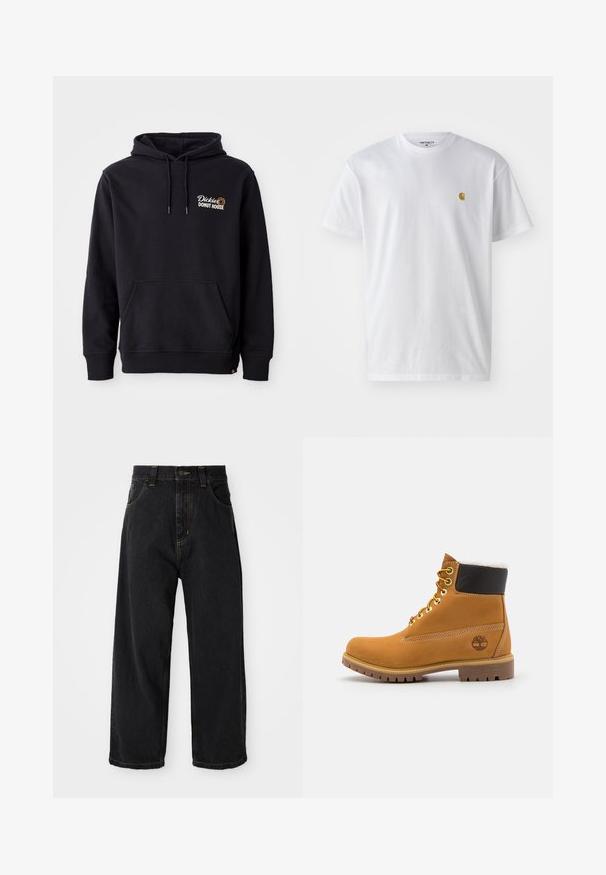 Sort hoodie lavet af bomuldsblandingsstof, med en lomme foran, ribbede manchetter og et broderet logo på venstre bryst.; Hvid bomulds t-shirt med korte ærmer, rund hals og et lille guld logo på venstre brystområde. Blød tekstur og almindelig pasform.; Sorte denim jeans med vide ben og høj talje, frontknap, lynlås samt gule syninger på lommer og sømme.; Brune læder ankelstøvle med metaløjer, hvid pelsforing, sort polstret krave, robust sål og præget logo på siden.
