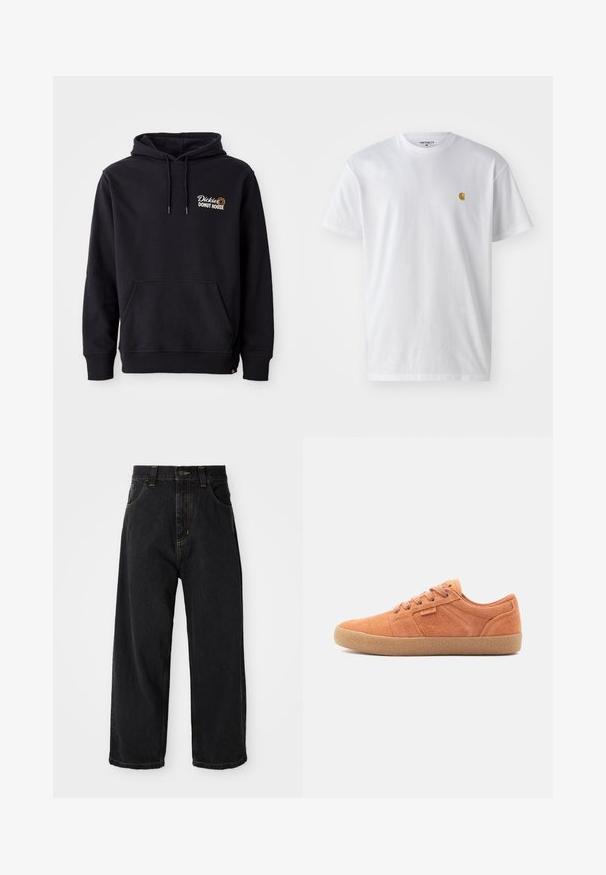 Sudadera negra de tejido de mezcla de algodón, con un bolsillo frontal, puños acanalados y un logo bordado en el lado izquierdo del pecho.; Camiseta de algodón blanca con mangas cortas, cuello redondo, que presenta un pequeño logo dorado en la parte izquierda del pecho. Textura suave y corte regular.; Jeans de denim negros de pierna ancha con cintura alta, botón frontal, cremallera y costuras amarillas en los bolsillos y costuras.; Zapatillas de gamuza marrón con una superficie texturizada, punta redonda y suela de goma. Presentan un diseño con cordones y acentos cosidos en los laterales.