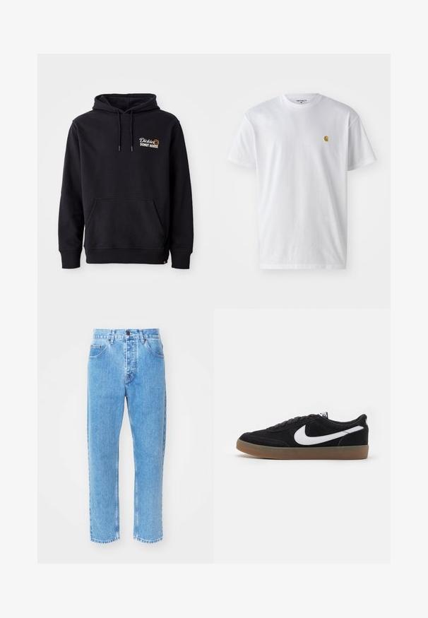 Sudadera negra de tejido de mezcla de algodón, con un bolsillo frontal, puños acanalados y un logo bordado en el lado izquierdo del pecho.; Camiseta de algodón blanca con mangas cortas, cuello redondo, que presenta un pequeño logo dorado en la parte izquierda del pecho. Textura suave y corte regular.; Los vaqueros de mezclilla azul claro presentan un diseño de pierna recta, cinco bolsillos y un clásico cierre de botón en la cintura.; Zapatillas de skate de ante negro con el logotipo de Nike en blanco, puntera redonda y suela de goma. Presentan un diseño con cordones planos y un collar acolchado.