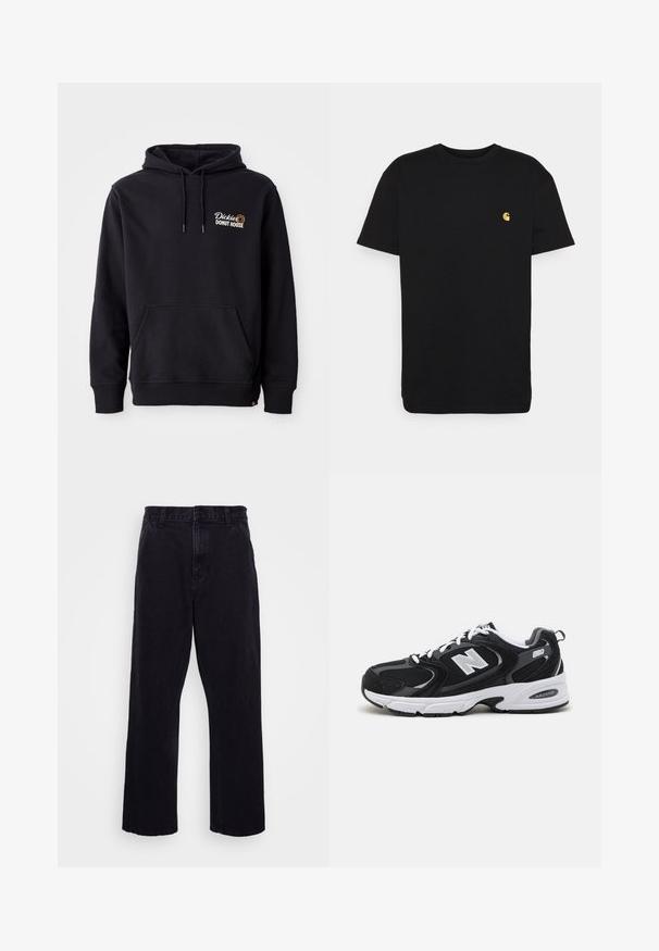 Sort hoodie lavet af bomuldsblandingsstof, med en lomme foran, ribbede manchetter og et broderet logo på venstre bryst.; Sort bomulds t-shirt med korte ærmer, rund halsudskæring og et lille gult logo på venstre brystområde. Enkel design og almindelig pasform.; Sorte denimbukser med lige ben, der har en knap- og lynlåslukning, bæltestropper og minimale syninger.; Sorte og grå sportssko med mesh og ruskind på overdelen, der har en hvid mellemsål, snørebånd og et iøjnefaldende "N" logo på siden.