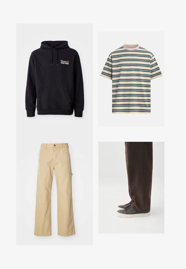 Zwarte hoodie van een katoenmix, met een voorzak, ribbelkanten manchetten en een geborduurd logo op de linkerborst.; Korte mouw T-shirt met ronde hals en horizontale strepen in beige, donkergroen, geel en rood op een neutrale achtergrond.; Beige wijde cargo broek met een knoopsluiting, voorzien van zijzakken, gemaakt van stevig katoen, met een soepele textuur en een recht gesneden ontwerp.; Donkerbruine textuur broek gecombineerd met grijze sneakers met een glad leren bovenwerk, ronde neus en witte rubberen zool.
