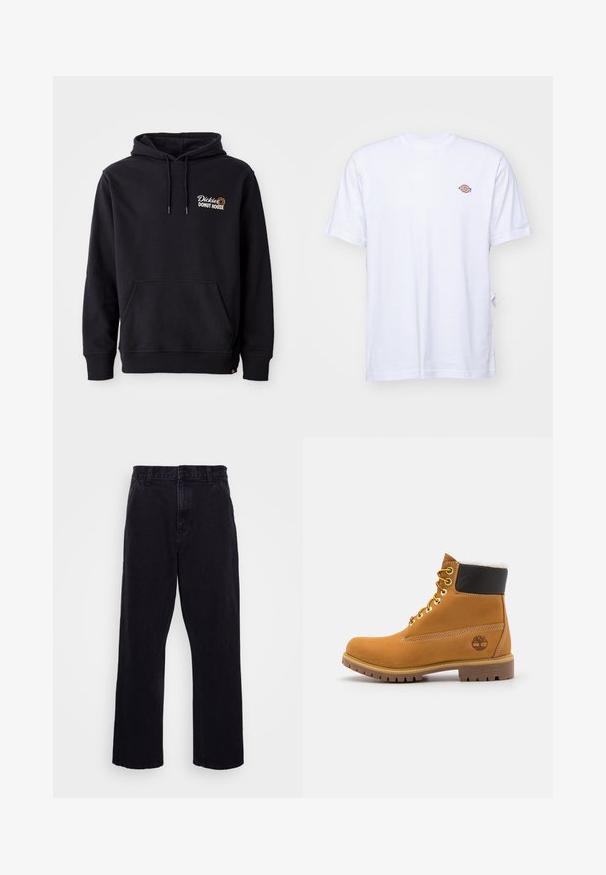 Sudadera negra de tejido de mezcla de algodón, con un bolsillo frontal, puños acanalados y un logo bordado en el lado izquierdo del pecho.; Camiseta de algodón blanca con cuello en V y mangas cortas. Presenta un pequeño logo bordado de colores en el lado izquierdo del pecho. Textura suave.; Pantalones de mezclilla negros con un diseño de pierna recta, que cuentan con un cierre de botón y cremallera, presillas para cinturón y detalles de costura mínimos.; Botín de cuero marrón con ojales de metal, forro de piel sintética blanca, cuello acolchado negro, suela resistente y logotipo en relieve en el costado.