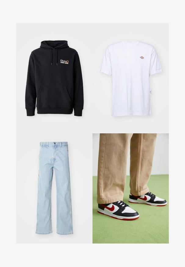 Sudadera negra de tejido de mezcla de algodón, con un bolsillo frontal, puños acanalados y un logo bordado en el lado izquierdo del pecho.; Camiseta de algodón blanca con cuello en V y mangas cortas. Presenta un pequeño logo bordado de colores en el lado izquierdo del pecho. Textura suave.; Jeans de mezclilla azul claro con un corte relajado, presentan una cintura alta, bolsillos frontales y un diseño de pierna recta. Las superficies tienen una textura suave.; Las zapatillas Nike Dunk presentan un diseño de cuero negro con acentos rojos y un swoosh blanco. La suela es roja, con una puntera blanca texturizada.