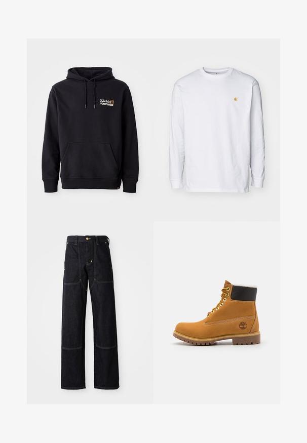 Zwarte hoodie van een katoenmix, met een voorzak, ribbelkanten manchetten en een geborduurd logo op de linkerborst.; Witte lange mouwen t-shirt van katoen. Voorzien van een klein gouden logo op de borst en een ronde hals. Eenvoudig ontwerp en standaard pasvorm.; Donkerblauwe spijkerbroek met rechte pijpen, voorzien van gele stiksels en voorzakken. De stof lijkt stevig en gestructureerd.; Bruine leren enkellaars met metalen oogjes, witte faux bont voering, zwarte gewatteerde kraag, robuuste zool en een reliëflogo aan de zijkant.