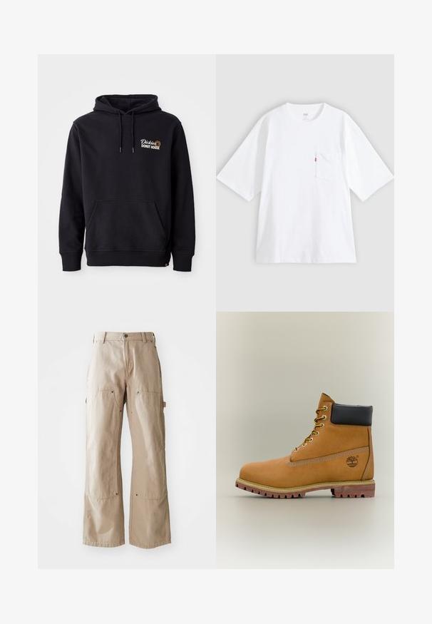 Zwarte hoodie van een katoenmix, met een voorzak, ribbelkanten manchetten en een geborduurd logo op de linkerborst.; Wit katoenen T-shirt met korte mouwen, ronde hals en een borstzak aan de linkerkant. Heeft een klein rood logotagje op de zak.; Beige wijde broek van stevige katoen. Heeft voor- en zijzakken, zichtbare stiksels en metalen accenten op de zakken.; Bruine leren enkellaars met zwarte kraag, gele veters en een zandkleurige zool. Voorzien van een logo en witte stikseldetails. Robuuste loopzool met grip.