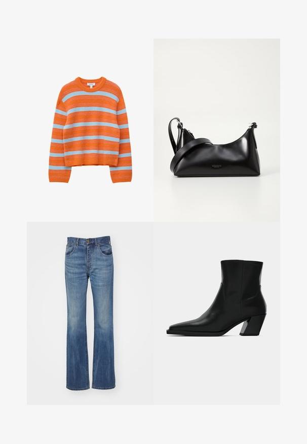 Pull en maille orange avec des rayures horizontales bleu clair et fines rayures roses, col rond et manches longues.; Jeans en denim bleu évasés avec un lavage moyen, dotés d'une taille haute, de passants de ceinture et de poches avant. Texture lisse avec un minimum d'usure.; Bottine en cuir noir avec un bout pointu, une silhouette élégante et un talon carré massif. Texture lisse avec des détails de couture minimalistes.; Sac à main en cuir noir avec une texture lisse. Dispose d'une bandoulière adjustable et d'un design élégant et minimaliste avec une fermeture éclair.