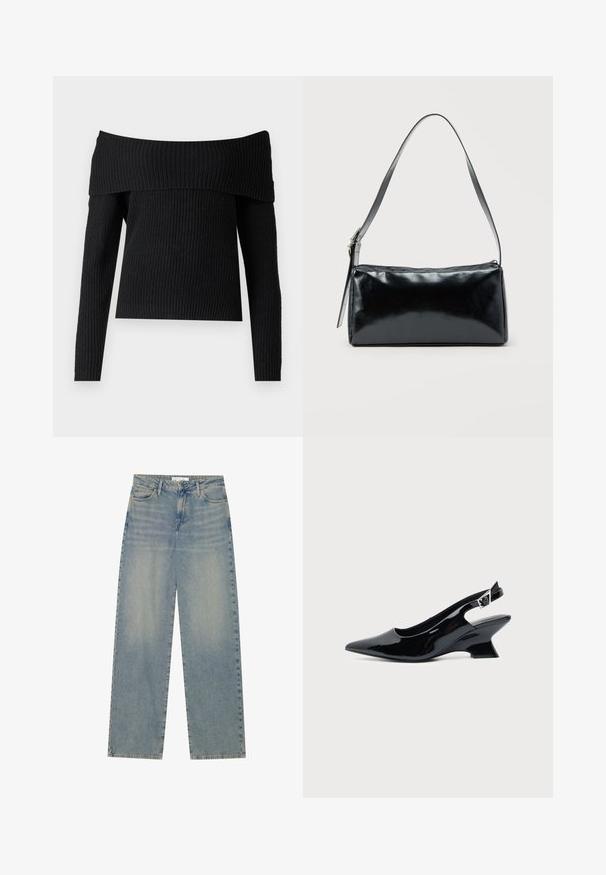 ONLY ONLMELTON LIFE OFF SHOULDER - Pullover - black; Jean en denim droit taille haute bleu clair avec poches avant, passants de ceinture et fermeture éclair et bouton visibles.; Chaussure slingback en cuir verni noir avec bout pointu et petit talon bloc incliné sur fond clair uni.; Sac d'épaule rectangulaire noir avec une sangle réglable unique et une fermeture éclair supérieure sur un fond uni.