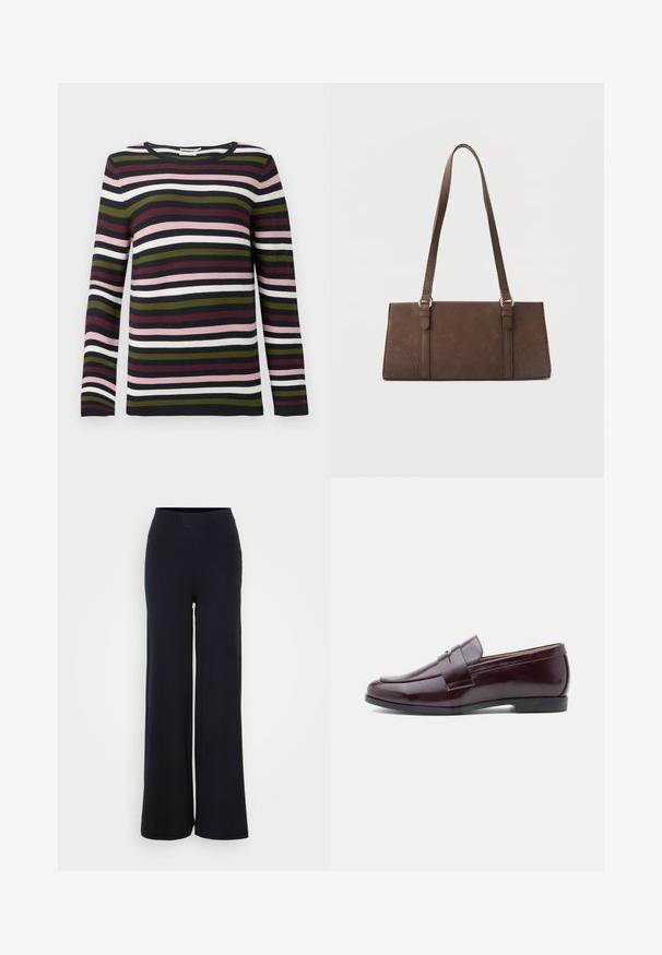 Pull à manches longues rayé en marine, bordeaux, vert, rose et blanc. Texture côtelée avec un col rond et des manches ajustées.; Pantalons larges noirs à côtes avec une finition texturée et une taille élastique, présentant une coupe décontractée et sans matériel visible.; Mocassins en cuir bordeaux au design élégant, à bout rond et avec une sangle décorative sur le devant. Semelle plate en caoutchouc.; Sac à bandoulière rectangulaire marron avec longues sangles et détails de couture minimalistes sur un fond uni.