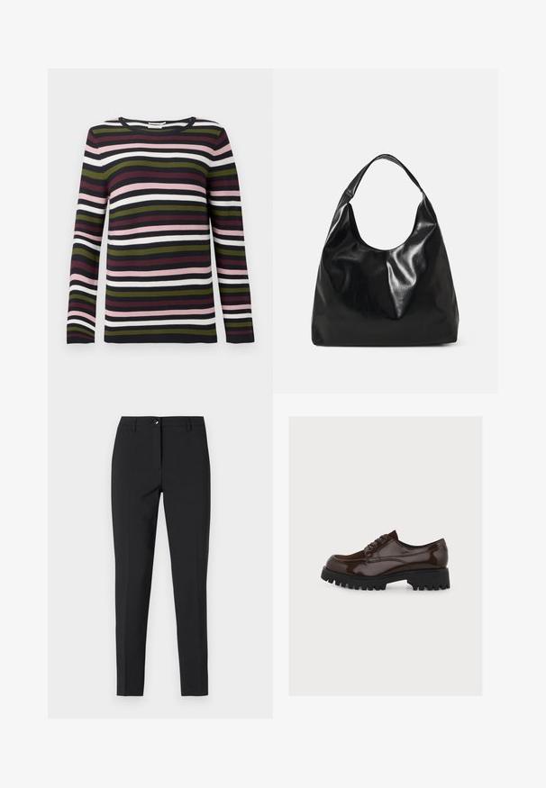 Stribet langærmet sweater i marineblå, burgundy, grøn, lyserød og hvid. Ribbet tekstur med rund halsudskæring og tætsiddende ærmer.; Sorte figursyede bukser i glat stof med en klassisk talje, lynlås i fronten og sidelommer samt et elegant, skræddersyet design.; Mørkebrun blank læder snørestøvle med tyk sort grov sål og lav hæl, sideprofil på ensartet lys baggrund.; Sort læder hobo taske med en blød, skinnende tekstur og en rund, åben top. Har en bred, buet strop til bæring. Ingen synlig hardware.