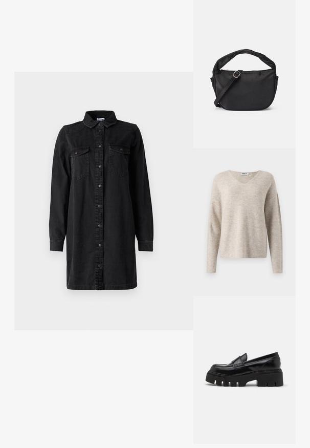 Beige striktrøje med V-hals, lange ærmer og en afslappet pasform. Har et struktureret ribbet mønster. Brandlabel synlig inden i halsudskæringen.; Sort denim skjortekjole med knaplukning foran, krave, lange ærmer og to brystlommer. Har et simpelt design og et robust materiale.; Sorte læder loafers med en chunky, tekstureret platformssål og en dekorativ rem over toppen. Glat, blank finish.; Sort stof skuldertaske med et snoet håndtag, en aftagelig rem og en lynlåslukning i toppen. Glat tekstur og minimalistisk design.