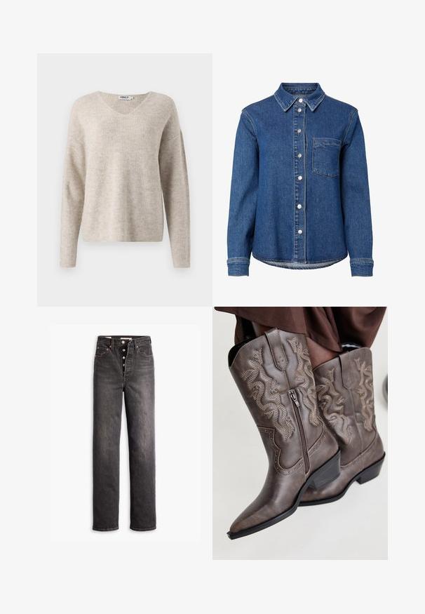 Beige striktrøje med V-hals, lange ærmer og en afslappet pasform. Har et struktureret ribbet mønster. Brandlabel synlig inden i halsudskæringen.; Blå denim langærmet skjorte med knapper foran, en enkelt brystlomme til venstre og en klassisk krave.; Sorte højtaljede jeans med lige ben-design, lavet af denim. Features en knaplukning, kobberdetaljer og kontrastsyninger.; Brune læder cowboystøvler med spids tå, sidelukning og struktureret slange-design i beige, med dekorative nitter langs kanterne.