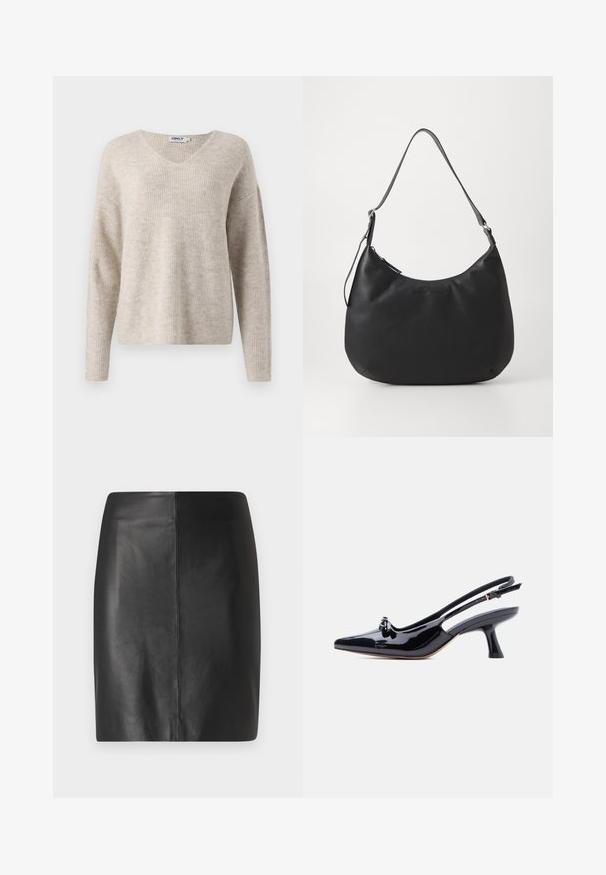 Suéter de punto beige con escote en V, mangas largas y corte relajado. Presenta un patrón acanalado texturizado. Etiqueta de la marca visible en el interior del escote.; Falda de cuero negro con un diseño ajustado y textura suave, que presenta una costura central en el frente y una silueta limpia y minimalista.; Zapato slingback de charol negro con punta puntiaguda, pequeño detalle de nudo y tacón medio acampanado sobre fondo blanco.; Bolso hobo negro fabricado con material suave y duradero. Cuenta con una sola correa ajustable y un logotipo sutilmente grabado en la parte frontal.