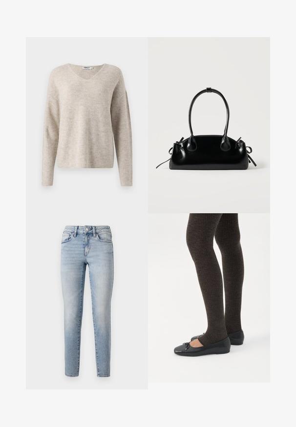 Suéter de punto beige con escote en V, mangas largas y corte relajado. Presenta un patrón acanalado texturizado. Etiqueta de la marca visible en el interior del escote.; Jeans de mezclilla azul claro con un corte ajustado, que presentan un diseño de cinco bolsillos, cierre frontal con botón y un ligero desgastado a lo largo de las piernas.; Piernas con leggings oscuros acanalados combinados con bailarinas negras que presentan pequeños detalles de lazo sobre un fondo blanco.; Pequeño bolso negro brillante con dos asas largas y detalles de cordón lateral sobre un fondo claro liso.