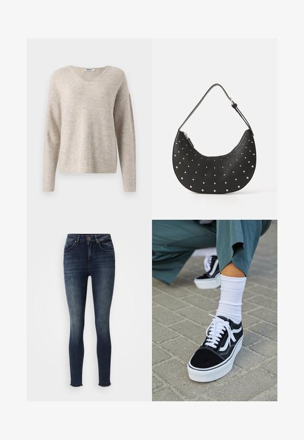 Suéter de punto beige con escote en V, mangas largas y corte relajado. Presenta un patrón acanalado texturizado. Etiqueta de la marca visible en el interior del escote.; Jeans skinny azul oscuro con cierre de botón y cremallera en el frente, diseño de cinco bolsillos y ligero desgaste en los muslos y las rodillas, con dobladillos desflecados en los tobillos.; Zapatillas de ante negro con acentos y cordones blancos, que cuentan con una gruesa suela blanca y costuras en contraste, combinadas con un calcetín blanco.; Bolso de mano de cuero negro con forma curva, adornado con tachuelas plateadas, cuenta con cierre de cremallera y una sola correa ajustable.