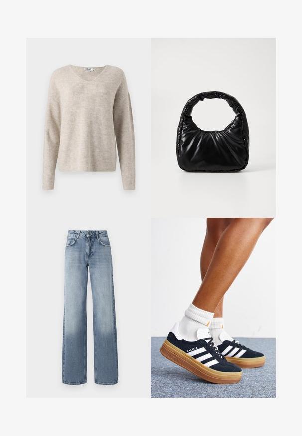 Pull en maille beige avec un décolleté en V, des manches longues et une coupe décontractée. Présente un motif texturé en côtes. Étiquette de la marque visible à l'intérieur du col.; Jean en denim bleu à jambes larges avec un délavage clair, fermeture éclair, design à cinq poches et un léger décoloration près des chevilles.; Jambes portant des chaussettes blanches et des baskets Adidas Gazelle noires avec des bandes blanches et des semelles épaisses marron sur un sol recouvert de moquette grise.; Sac à main noir rembourré avec une poignée arrondie, présentant une surface lisse et brillante ainsi qu'une texture douce et matelassée. Pas de quincaillerie ou d'accents visibles.