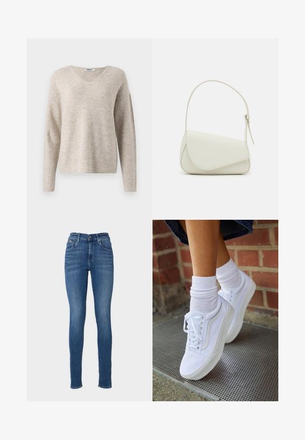 Suéter de punto beige con escote en V, mangas largas y corte relajado. Presenta un patrón acanalado texturizado. Etiqueta de la marca visible en el interior del escote.; Jeans ajustados de color azul fabricados en tela de mezclilla. Cuentan con una cintura alta, diseño de cinco bolsillos y cierre de botón metálico. Color sólido con ligero desvanecimiento.; Zapatillas de lona blancas con suelas de goma, que presentan seis ojales, puntera redonda y detalles de costura ligera, combinadas con calcetines blancos hasta el tobillo.; Bolso de mano de imitación cuero blanco con una forma triangular estructurada, correa ajustable única y cierre con solapa acentuada en curva.
