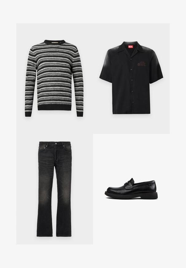 Stribet sort og hvid sweater med rund halsudskæring og lange ærmer. Har et tekstureret mønster overalt samt ribbede manchetter og linning.; Kortærmet sort skjorte lavet af glat stof med knaplukning fortil, der har et diskret præget logo på venstre bryst.; Sorte denim flared jeans med en falmet finish, fem lommer og sølv hardware. Har en klassisk waistband og let tekstureret stof.; Sorte læder slip-on loafers med rund tå, lav sål og dekorativ rem over vristen.