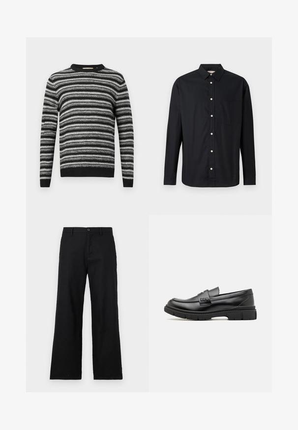 Stribet sort og hvid sweater med rund halsudskæring og lange ærmer. Har et tekstureret mønster overalt samt ribbede manchetter og linning.; Sort langærmet skjorte med knapper, krave og brystlomme, præsenteret på en lys baggrund.; Sorte straight-leg bukser lavet af bomuld, med knaplukning og bæltestropper. Glat tekstur uden synlige mønstre eller accenter.; Sort læder loafersko med en bred rem over forfoden, gummisål med tykke mønstre og glat overflade. Klassisk, slankt design.