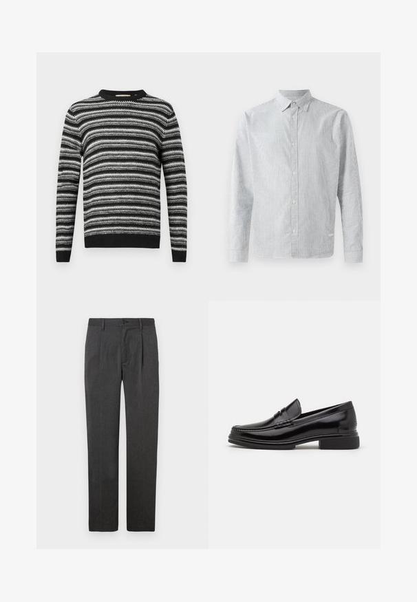 Stribet sort og hvid sweater med rund halsudskæring og lange ærmer. Har et tekstureret mønster overalt samt ribbede manchetter og linning.; Stribet skjorte i lyseblå og hvid, med klassisk krave, lange ærmer og regulær pasform med glat stoftekstur.; Grå skræddersyede bukser med lige ben, der har en frontfold, lynlås og knaplukning. Glat tekstur, klassisk design.; Sorte læder loafers med en rund tå, der har en syet detalje over vristen og en lav blokhæl. Glat tekstur og blank finish.