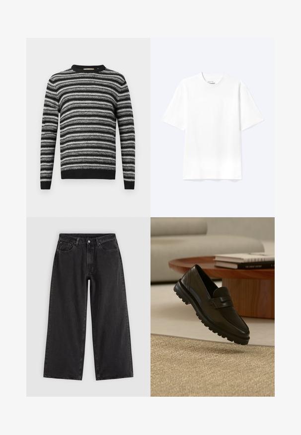 Pull rayé noir et blanc avec un col rond et des manches longues. Présente un motif texturé sur l'ensemble et des poignets et une taille côtelés.; T-shirt blanc uni à manches courtes et col rond avec une coupe décontractée, présenté sur un fond clair.; Jean en denim noir à jambes larges avec poches avant, passants pour ceinture et fermeture par boutons, présenté sur un fond clair uni.; Mocassin en cuir noir avec semelle épaisse à crampons flottant au-dessus d'un tapis beige texturé, table basse ronde en bois et livres empilés en arrière-plan.