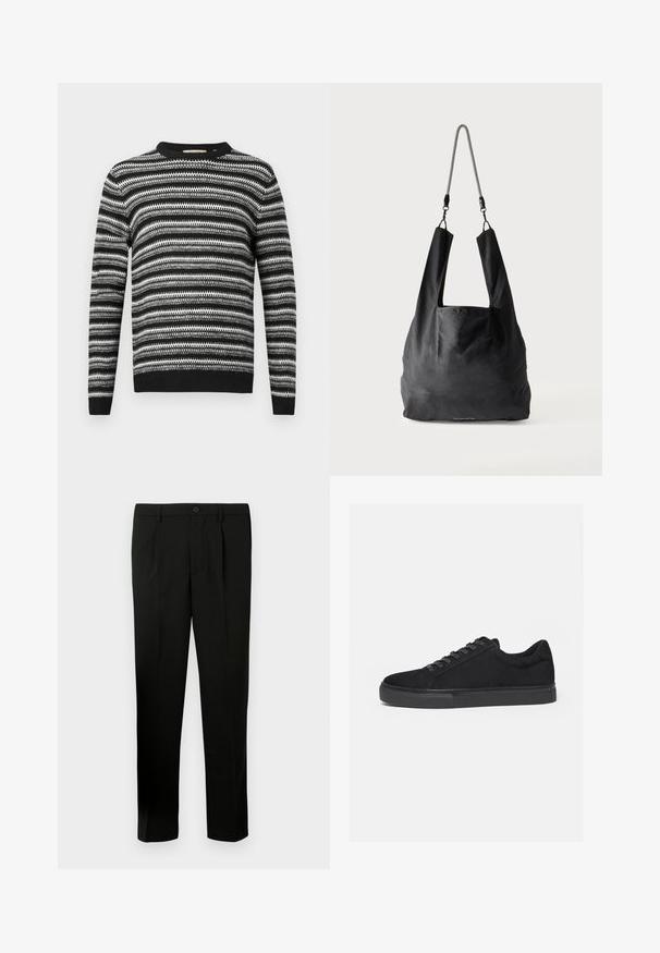 Pull rayé noir et blanc avec un col rond et des manches longues. Présente un motif texturé sur l'ensemble et des poignets et une taille côtelés.; Pantalon noir ajusté avec un devant plat, deux plis, une fermeture à bouton, des poches latérales et une coupe droite. Fabriqué à partir d'un tissu lisse.; Baskets basses noires avec fermeture à lacets à l'avant et semelle en caoutchouc plate, vues de profil sur fond blanc.; Sac fourre-tout en tissu noir doux avec de larges anses et une fine bandoulière tressée noire et blanche.