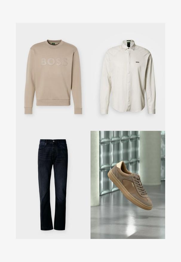 Sweatshirt beige à col rond avec manches longues et poignets, ainsi que ourlet côtelés, embossé du logo "BOSS" sur la poitrine.; Chemise à manches longues rayée en beige clair et blanc, dotée d'un col classique, d'une fermeture à boutons, et d'un logo brodé "BOSS" sur la poitrine.; Jean droit couleur indigo foncé avec fermeture avant à boutons et zip, passants pour ceinture et design à cinq poches, présenté sur un fond clair uni.; Baskets décontractées beiges avec lacets et logo « BOSS », flottant au-dessus d’un sol en béton poli avec un mur en blocs de verre en arrière-plan.