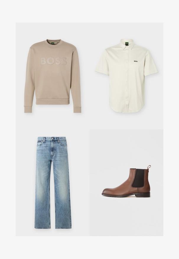 Sweatshirt beige à col rond avec manches longues et poignets, ainsi que ourlet côtelés, embossé du logo "BOSS" sur la poitrine.; Chemise blanche à manches courtes avec boutons-pression, col boutonné, logo "BOSS" noir sur la poitrine, et étiquette verte à l'intérieur du col.; Jean droit en denim bleu clair avec taille haute, cinq poches, fermeture à boutons et léger délavage sur les cuisses et les genoux.; Bottines Chelsea en cuir marron avec une finition texturée, des panneaux latéraux élastiques et une languette. Elles disposent d'une semelle en caoutchouc pour une meilleure adhérence.