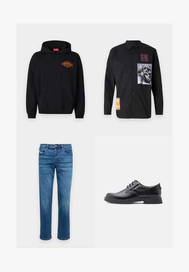 Schwarzer Hoodie aus Baumwolle mit einer vorderen Kängurutasche. Verfügt über ein orangefarbenes, gesticktes "DIESEL"-Logo auf der Brust und gerippte Bündchen.; Schwarzes Langarmshirt aus Baumwolle. Verfügt über mehrere Stoffpatches mit Grafiken, darunter ein Schädel und abstrakte Designs.; Blaue Denim-Jeans mit geradem Schnitt, fünf Taschen und einem Knopfverschluss. Sie verfügen über subtile Kontrastnähte und eine glatte Textur.; Schwarze Leder-Schnürschuhe mit glatter Textur, rundem Zehenbereich und dezenten Ziernähten. Mit einem roten Laschenband an der Ferse.