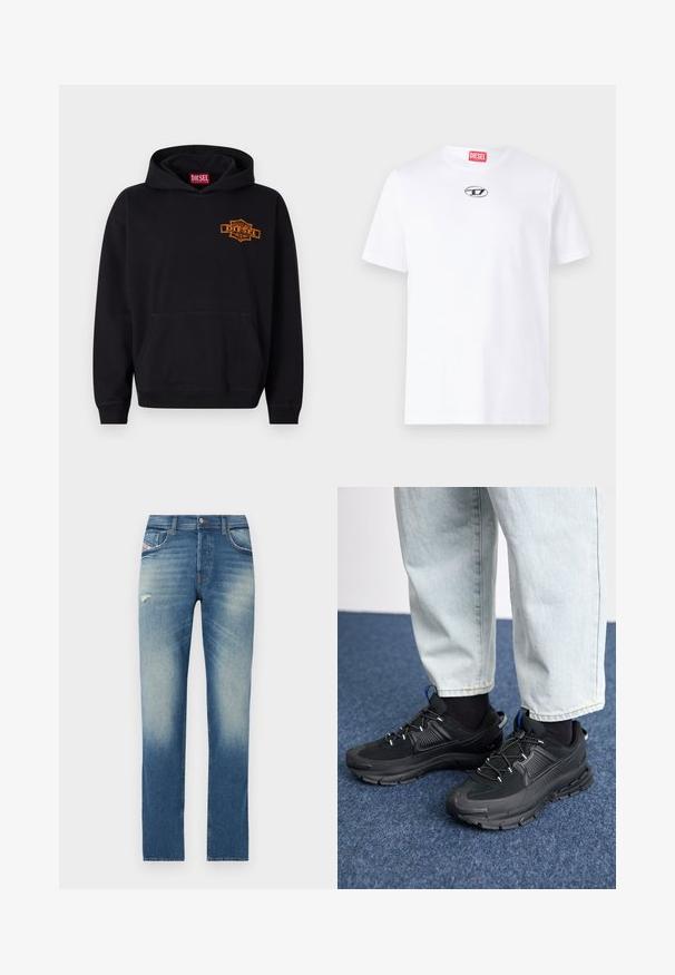 Musta collegepaita, joka on valmistettu puuvillasta ja jossa on edessä kengurupocket. Paidassa on oranssi brodeerattu "DIESEL" -logo rinnassa ja resorit hihansuissa.; Valkoinen puuvillapaita lyhyillä hihoilla, jossa on pyöreä kaula-aukko ja hopeinen Diesel-logopatchi rinnassa. Yksinkertainen muotoilu, tasaväri.; Siniset farkut suoralla lahkeella, joissa on kevyt kuluminen, pieni kulutustehdas edessä ja tavallinen viisi taskua.; Mustat urheilukengät, joissa on teksturoitu kangas ja kumipohjat, elastiset nauhat ja sininen yksityiskohta kannassa. Yhdistetty vaaleisiin farkkuihin.
