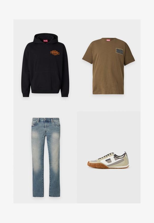 Sudadera negra de algodón con un bolsillo tipo canguro en la parte frontal. Presenta un logo bordado en naranja de "DIESEL" en el pecho y puños acanalados.; Camiseta de algodón marrón con cuello redondo, que presenta un parche gráfico negro en el lado izquierdo del pecho. Mangas cortas y dobladillo recto.; Vaqueros de corte recto en denim azul claro con zonas desgastadas, cinco bolsillos y cierre de botón. La tela muestra un leve desgaste y marcas de uso.; Zapatillas deportivas con una parte superior beige con acentos en gris y blanco, ante texturizado y suela de goma con patrón. Incluyen cordones marrones y una lengüeta para tirar.