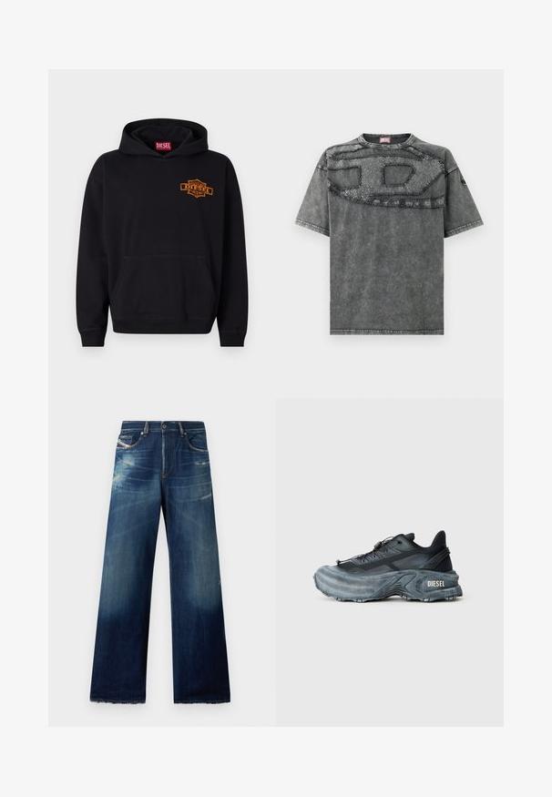 Sudadera negra de algodón con un bolsillo tipo canguro en la parte frontal. Presenta un logo bordado en naranja de "DIESEL" en el pecho y puños acanalados.; Camiseta de manga corta de mezclilla gris con un diseño de parche texturizado en el pecho y detalles sutiles desgastados en la tela.; Jeans de denim de pierna ancha en azul oscuro con áreas desgastadas, detalles destrozados y dobladillos deshilachados. Cuatro bolsillos y cierre de botón.; Zapatilla Diesel en negro y gris con suela gruesa, cierre de cordón y diseño texturizado sobre un fondo liso de color gris claro.