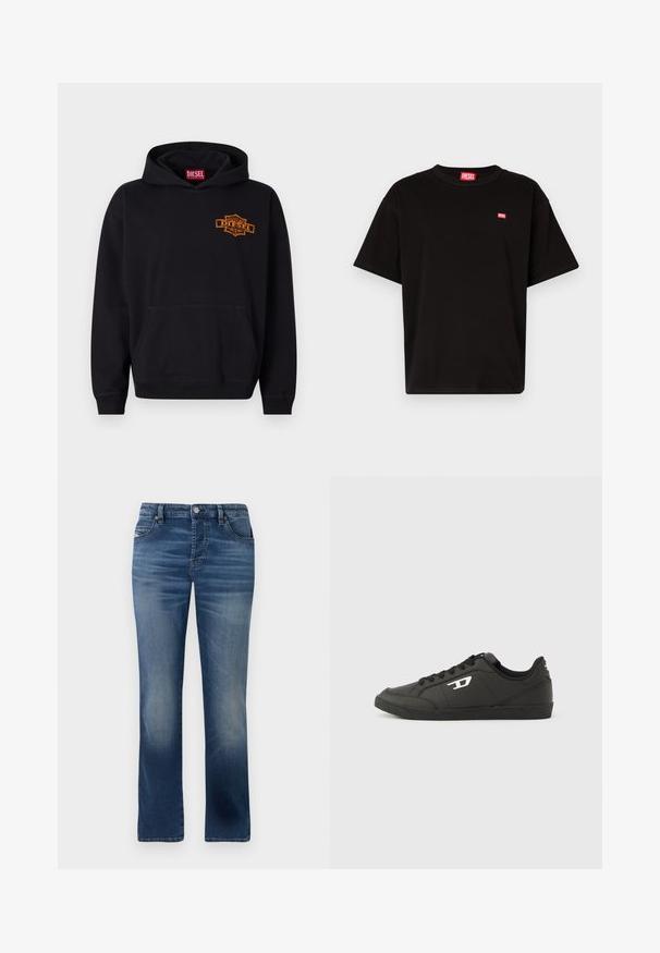 Sort hættebluse lavet af bomuld med en frontkangaroo lomme. Har et orange broderet "DIESEL" logo på brystet og ribbede manchetter.; Sort bomulds T-shirt med rund halsudskæring, korte ærmer og et lille rødt Diesel-logo på brystet. Lige nederste kant, minimalistisk design.; Mørkeblå denimbukser med lige ben-design, der har frontlommer, diskret falming og en klassisk knaplukning i taljen.; Sorte syntetiske sneakers med en struktureret sort sål, rund tå og flade sorte snørebånd. Fremtrædende hvidt logo på ydersiden.