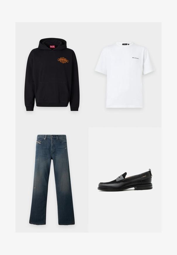 Sudadera negra de algodón con un bolsillo tipo canguro en la parte frontal. Presenta un logo bordado en naranja de "DIESEL" en el pecho y puños acanalados.; Camiseta de manga corta blanca con cuello redondo y pequeño logo de texto en negro "BELSTAFF" en el lado izquierdo del pecho.; Jeans de mezclilla azul con un diseño de pierna recta, textura desgastada, dobladillo deshilachado y detalles desgastados en el bolsillo frontal y área del muslo.; Mocasín de cuero negro con detalle de tira gris, tacón bajo y suela texturizada, con la marca "HUGO" en oro en el lateral.