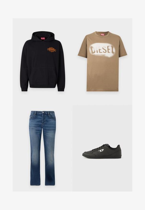 Schwarzer Hoodie aus Baumwolle mit einer vorderen Kängurutasche. Verfügt über ein orangefarbenes, gesticktes "DIESEL"-Logo auf der Brust und gerippte Bündchen.; Braunes Baumwoll-T-Shirt mit einem weiß angesprühten "DIESEL"-Logo. Klassischer Rundhalsausschnitt und kurze Ärmel mit glatter Textur.; Dunkelblaue Jeans aus Denim mit geradem Bein, ausgestattet mit Fronttaschen, dezentem Verblassen und einem klassischen Knopfverschluss an der Taille.; Schwarze Sneakers aus synthetischem Material mit einer strukturierten schwarzen Sohle, rundem Zehenbereich und flachen schwarzen Schnürsenkeln. Auffälliges weißes Logo auf der Außenseite.